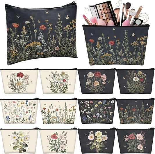 Sweetude 12 Pcs Black Flower Makeup Bags Bulk Portable Wildflower Travel Cosmetic Bags with Zipper Floral Waterproof Roomy Travel Toiletry Organizer Storage Beauty Pouch for Women Wedding Gifts by Sweetude