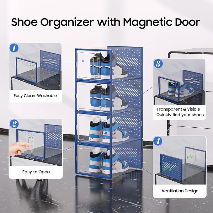 eWonLife Large Shoe Organizer Storage Box with Magnetic Door,12 Pack Clear Plastic Stackable Sneaker Containers for Closet, Connect Left and Right Shoe Box for Entryway, Drop Front, Under Bed (Blue) - Image 7