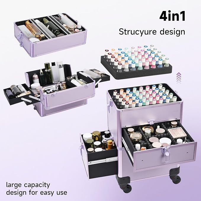 Somduy Rolling Makeup Case with Drawer, Makeup Train Case, 4 in 1Cosmetology Case on Wheels, Christmas Gift, Large Makeup Case Organizers, Profesional Cosmetic Case for Salon Barber, Purple - Image 5