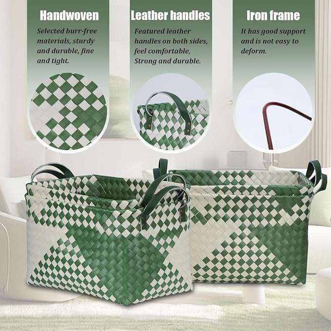 BROWNLILY Handwoven Clothes Basket Laundry Hampers Large Wicker Storage Baskets for Shelves Blankets Closet Storage Bins Car Bedroom Bathroom Organizers and Storage Bath (Pack of 4, Green&White) - Image 2