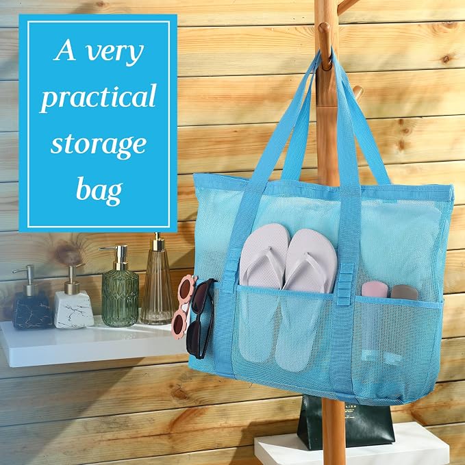 Hillban Large Beach Mesh Bags Bulk for Women Beach Tote Bag with 8 Pocket Zipper Waterproof Sandproof for Pool Cruise Ship - Image 5