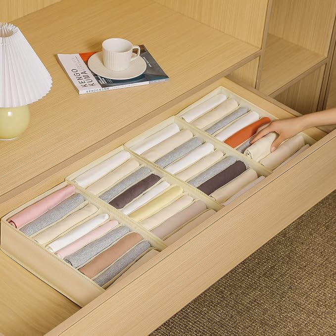 4 Packs T-shirt Drawer Organizers for Clothing,10 Grids Compartment Wardrobe Storage Box, Washable Clothes Organizer for Folded Clothes, T-shirt, Legging-Beige - Image 6