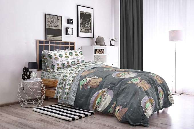 Star Wars Mandalorian Grogu Twin Comforter Set 4 Piece Kids Bedding, Gray | Baby Yoda, Comforter Sheets Pillowcase, Official Product, Soft Microfiber, Machine Washable, Easy Care, Kids Gift - Image 6