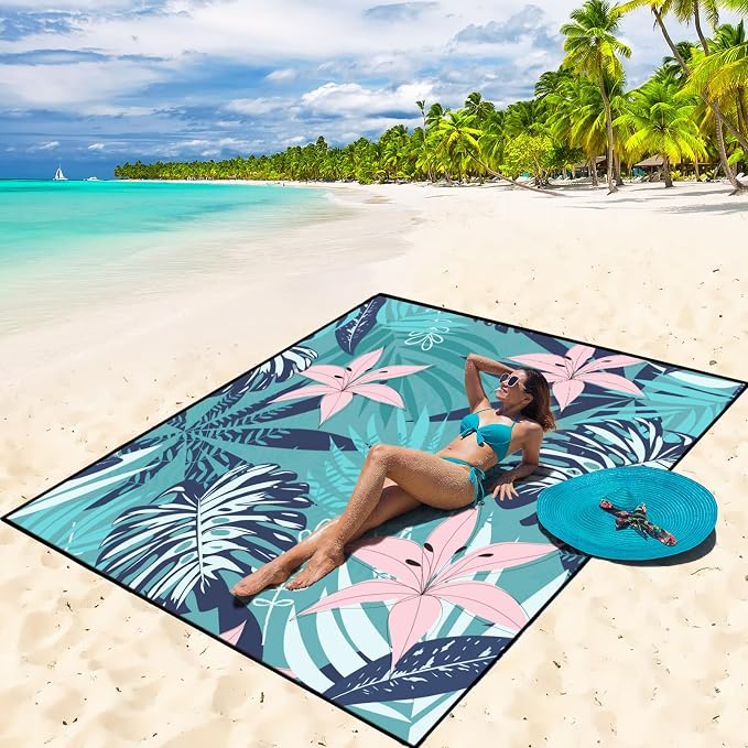 WIWIGO Beach Blanket Waterproof Sandproof Beach Mat 79" X 83"/10'x9'for 2-8 Adults Quick Drying Outdoor Picnic Mat Beach Accessories for Travel, Camping, Hiking by WIWIGO