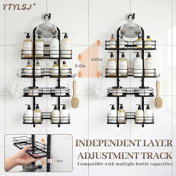 4-Tier Hanging Shower Caddy for Handheld Showerhead, Heavy-Duty Stainless Steel with Dual-Rotating Clamp, Matte Black - Image 4