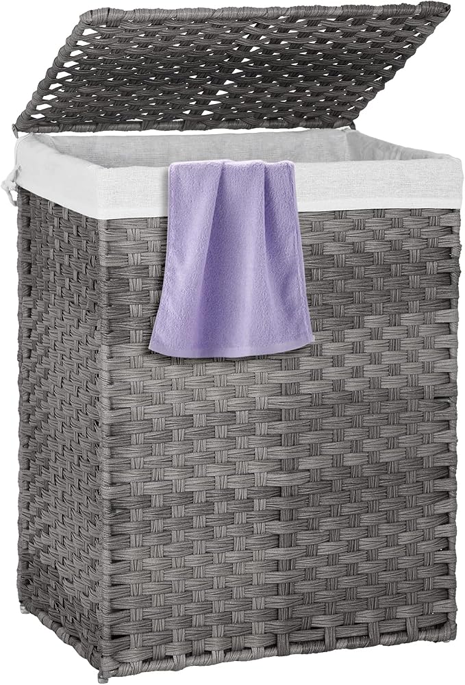 Paylesshere Laundry Basket Handwoven Laundry Hamper 90L/110L Foldable Rattan Hamper With Lid,2 Removable Liner Bags & 6 Laundry Bags,Clothes Hamper Bathroom Laundry Basket,Grey by PayLessHere