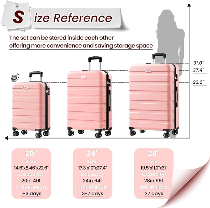 AnyZip Luggage Sets 10 Piece Hardshell Suitcase Set PC ABS Lightweight Travel Suitcases with 4 Double Spinner Wheels TSA Lock 20 24 28 Inch with 7 Storage Bags Pink - Image 9