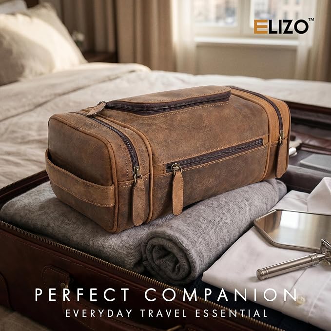 ELIZO Real Leather Toiletry Bag for Men - Extra Large Hanging Travel Organizer for Toiletries, Ideal for Dopp Kit & Shaving Kit for Men, Essential Mens Travel Toiletry Bag for Toiletries (Grizzly) - Image 5