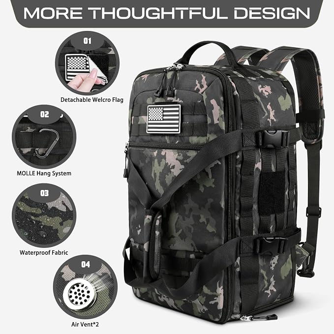 Gym Bags for Men, Tactical Duffle Bag Backpack with Shoe Compartment, 3 in 1 Carry on Bag Travel Backpack with Wet Pocket, Weekender Overnight Range Bag for Workout Football Gym, Camouflage - Image 4
