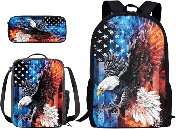 Fire and Ice Eagle American Flag Print 3Pcs School Bag Backpack Set for Teen Girl, 4th of July Kids Bookbag Durable Lightweight Knapsack with Lunch Box Pencil Case, Large School Bookbag Set by PCSJRKG