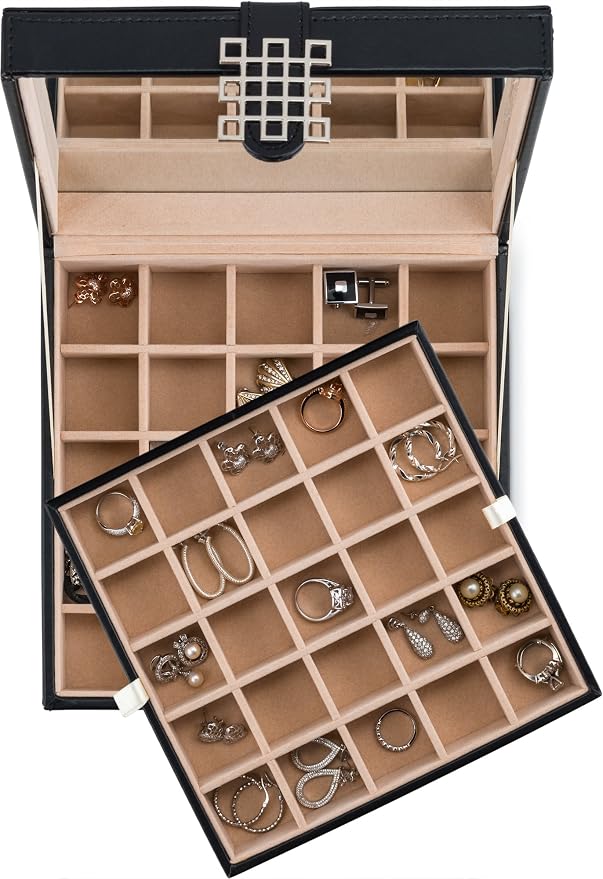 Glenor Co Earring Organizer - Classic 50 Section Jewelry Box/Case/Holder for Earrings, Rings, Necklaces, Jewelry, Cufflinks or Collections -2 Layer Small Compartments with Large Mirror - Black - Image 8