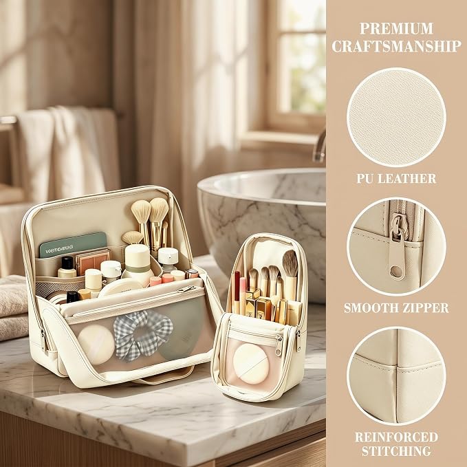 Standing Makeup Bag, Fold Down Trave Cosmetic Bag,Large Capacity Toiletry Bags for Women,Portable Free-Standing Makeup Bag and Brush Storage Bag for Easy Access (Creamy) - Image 2