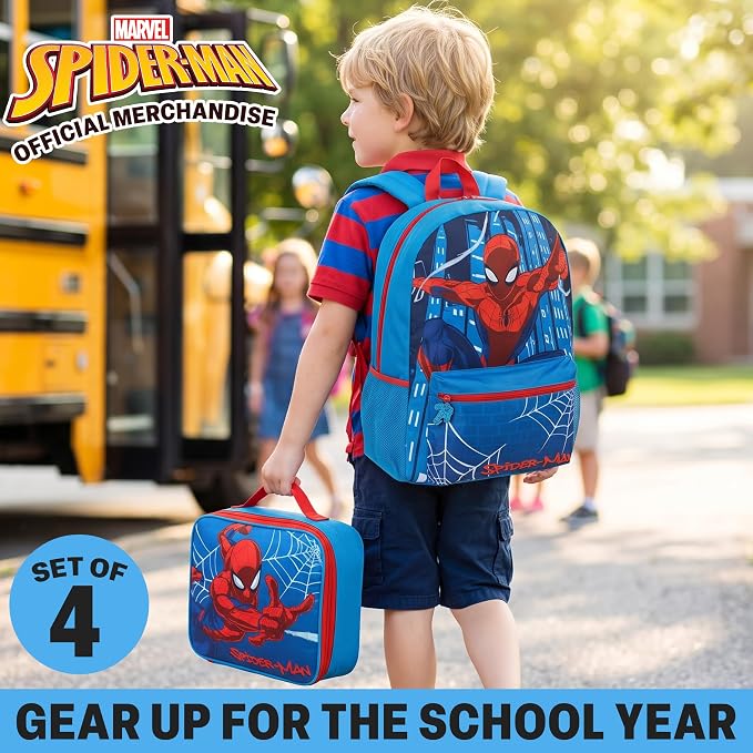 Get Trend Marvel Spider-Man Boys Backpack Set 4 Pc with Insulated Lunch Bag, Pencil Case & BPA Free Water Bottle for School, Gifts for Boys (Blue/Multi Spiderman) - Image 2