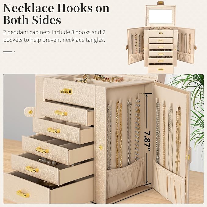 AKOZLIN 6-Tier Jewelry Box Organizer Functional 5 Drawers Leather Jewelry Storage Case for Women Girls Ring Necklace Earring Bracelet Holder Organizer with Mirror Champagne Regular - Image 3