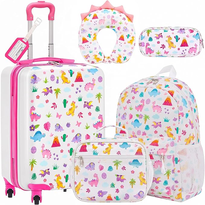 Redbaker 6 Pcs Kids Luggage Set, 17 Inch Rolling Suitcase with Backpack Lunch Bag Neck Pillow, Pink Dinosaur Travel Set for Summer Vacation Sleepover Back to School Gift by Redbaker