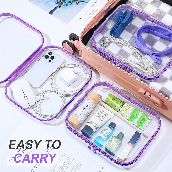 Sanwuta 6 Pcs Clear Hard Zipper Case Plastic Zipper Pouches Transparent Makeup Bag Pencil Case Pouches Toiletry Diaper Bag for Travel Toy Storage Organizer Bins(Purple,9.84 x 7.87 x 2 Inch) - Image 6