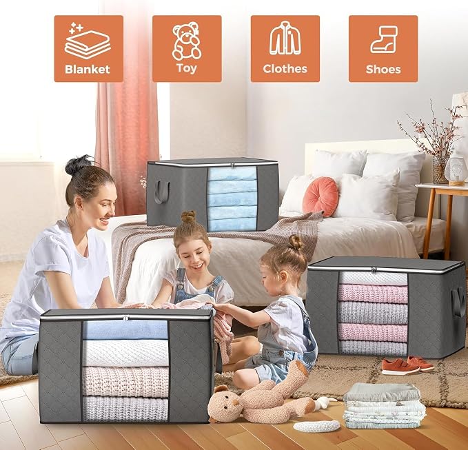 90L Large Storage Bags, 10 Pack Clothes Storage Bins Closet Organizers | Foldable Storage Containers, with Reinforced Handle, for Clothing, Blanket, Comforters, Bed Sheets, Pillows and Toys,Gray - Image 4