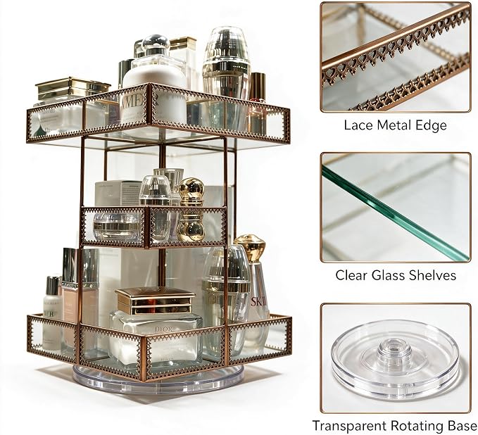 360 Rotating Glass Makeup Organizer | Spinning Vanity Cosmetic Storage, Multi-Layer Compartments, Luxury Countertop, For Skincare, Perfume, Cosmetics - Image 4