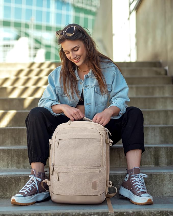 BAGSMART Compression Travel Backpack, 40L Expandable Carry On Backpack with Packing Cubes, Water Resistant Weekender Backpack Fits 17 Inch laptop, Large Overnight Luggage Daypack with Shoe Bag, Khaki | Khaki weekender bag fits 17" laptop. Water resista... - Image 2