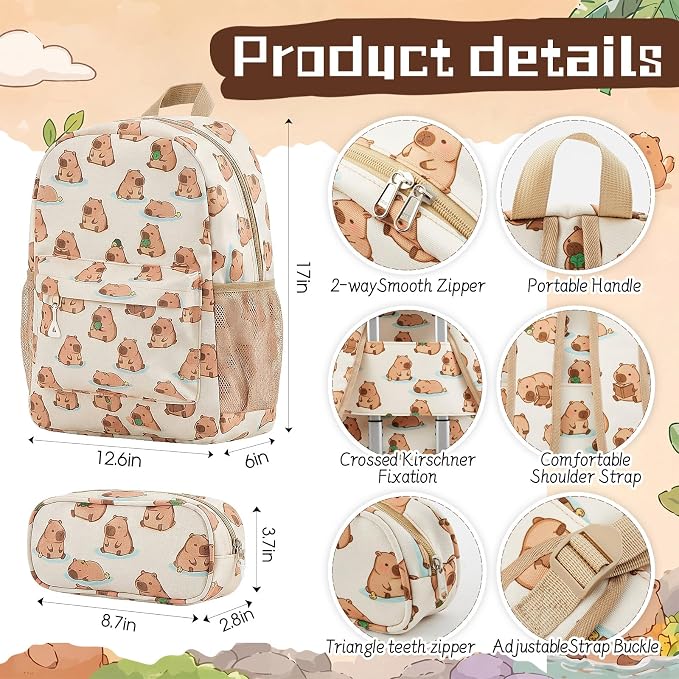 Redbaker 6 Pcs Kids Luggage Set, 17 Inch Rolling Suitcase with Backpack Lunch Bag Neck Pillow, Capibara Travel Set for Summer Vacation Sleepover Back to School Gift - Image 4