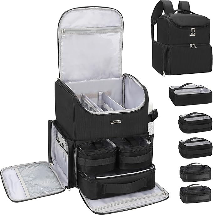 Relavel Makeup Backpack Large Bag with 5 Clear Set Bags, Dual Layer Professional Cosmetic Organizer Travel Train Case Makeup Artist Kit with Adjustable Dividers & Easy to Clean Lining, Black by Relavel