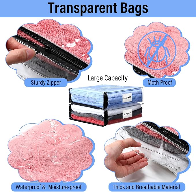 Kenning 20 Pcs Clear Zippered Storage Bags for Sheet Plastic Sweater Bag with Handle and Label Pocket Vinyl Stackable Closet Organizer Moving Bag for Bed Blanket Clothes Pillow(Black,11 x 15 x 4 Inch) - Image 3