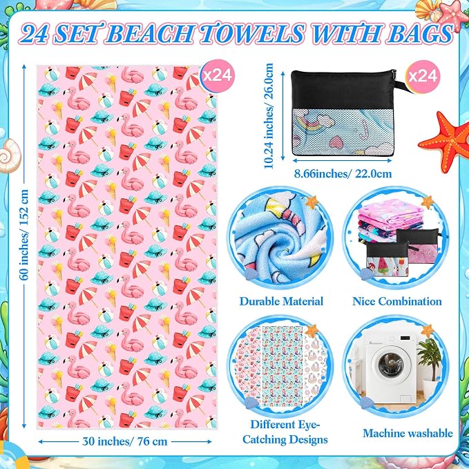 Peryiter 48 Pcs Microfiber Beach Towel with Bags Bulk, 24 Large Quick Dry Pool Towels and 24 Storage Bags, 30 x 60 Inch Ice Cream Mermaid Blanket for Beach Swimming Summer Party Camping Travel Women - Image 2