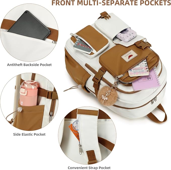 Laptop Backpack 15.6 Inch Elementary Middle High School Bag College Backpacks with Lunch Box Pencil Pouch 3 PCS Set Travel Bookbags for Teens Girls Women Students (Beige Khaki) - Image 3