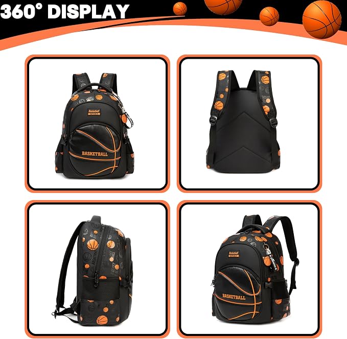 Boys' School Backpack with Lunch Box and Pencil Case - Ideal for Teens and Middle School Students, Black Basketball - Image 3