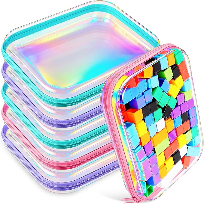 Sanwuta 6 Pcs Clear Hard Zipper Case Plastic Zipper Pouches Transparent Makeup Bag Pencil Case Pouches Toiletry Diaper Bag for Travel Toy Storage Organizer Bins(Holographic,9.84 x 7.87 x 2 Inch) by Sanwuta