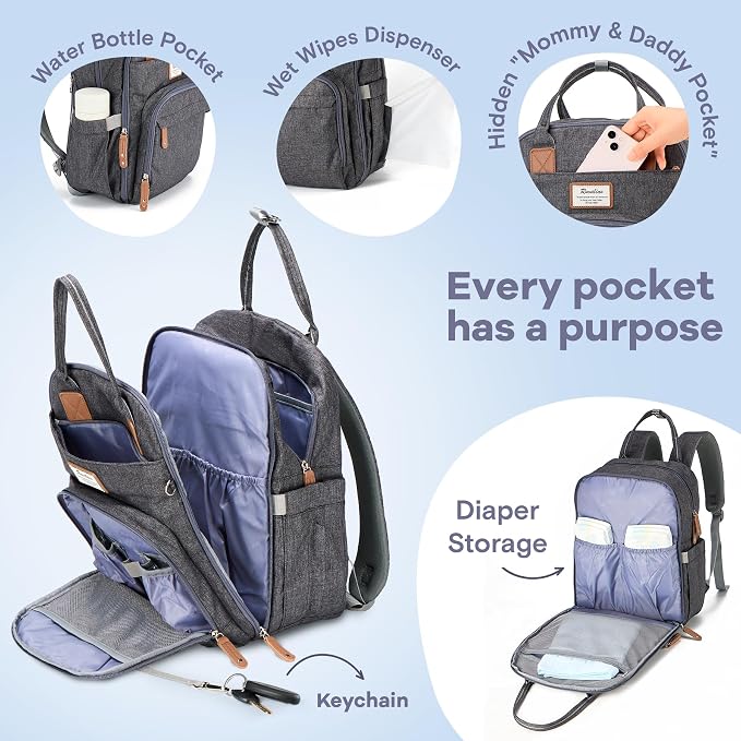 RUVALINO Diaper Bag Backpack - Multifunction Waterproof Travel Backpack, Baby Bag with Changing Pad & Stroller D-Ring & Pacifier Case - Travel Essentials & Baby Registry Search - Unisex, Dark Gray - Image 3