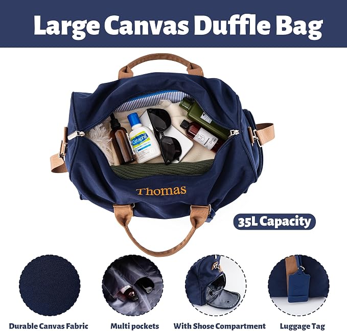 Duffle Bag for Men Boys Personalized Weekender Overnight Bag with Embroidered Name - Vintage Canvas Travel Duffle Bag for Men - Custom Gifts for Groomsmen Father (Navy Blue) - Image 3