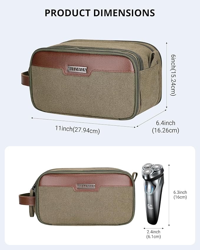 WITZMAN Canvas Toiletry Bag for Men Travel Toiletries Large 7L Dopp Kit | Multi-pockets with Dry-wet Pocket, Side Handle for Hanging, Lightweight, For Daily Use, Bathroom, Make up, A8002 Army Green - Image 6