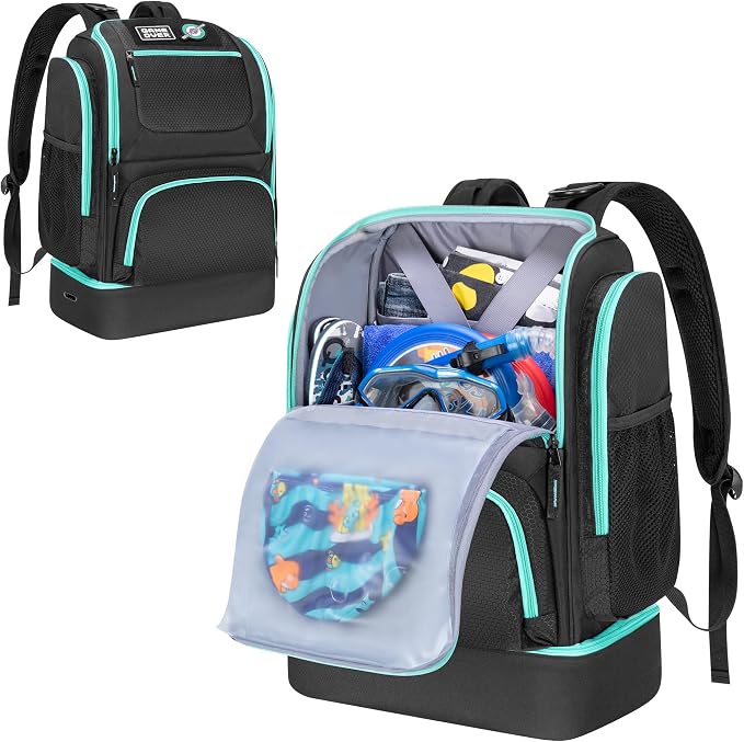 GOBUROS Swim Bag for Swimmers with Shoe Compartment, Swim Backpack for Men and Women, Swimming Bag with Multiple Pockets for Swim Gear Organization, Black by GOBUROS