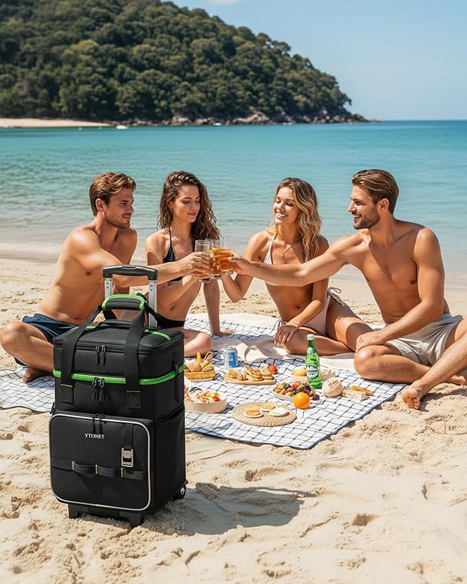 Ytonet 2-in-1 Rolling Cooler with Wheels, 55 Cans/40L Large Insulated Cooler on Wheels with Detachable Top Bag, Leakproof Soft Sided Cooler Bag for Beach, Picnic, Camping, Travel and Grocery，Black - Image 2