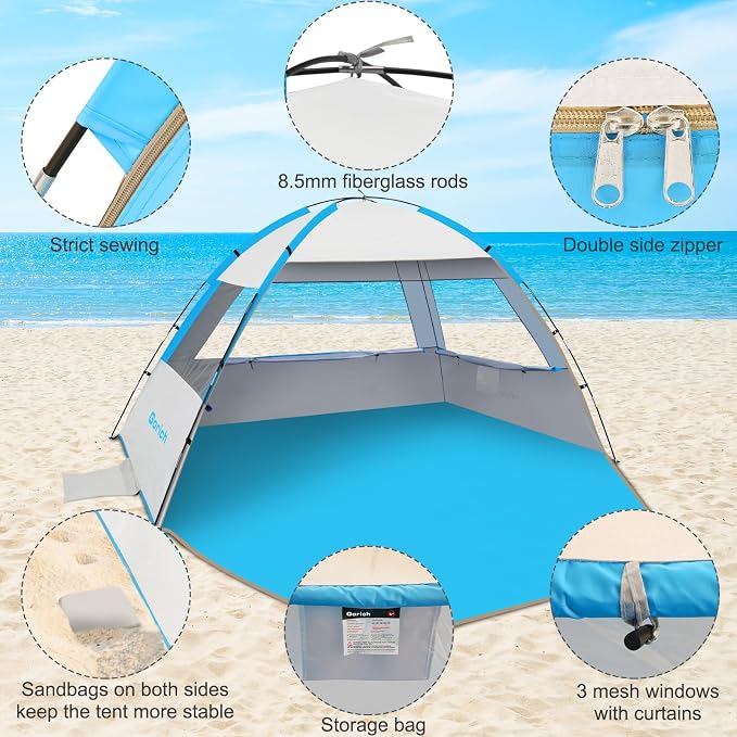 Gorich Beach Tent Sun Shelter for 3/4/6/8/10 Person with UPF 50＋ UV Protection, Lightweight & Easy Setup Beach Shade Canopy, Portable Beach Shade Tent Beach Cabana - Image 5