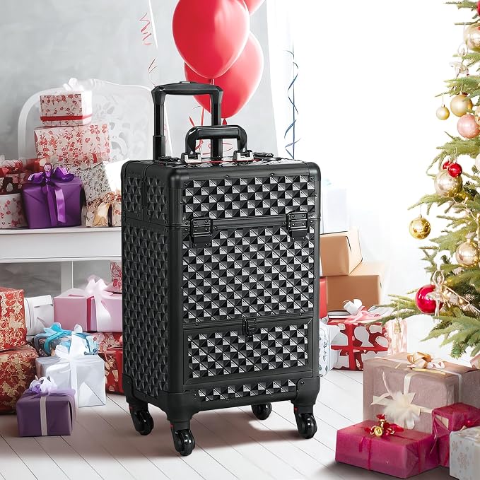 Yaheetech Rolling Makeup Train Case with a Drawer Nail Trolley Black/Red | Sturdy ABS & aluminum nail cart organizes beauty supplies in side trays and a drawer, rolls smoothly & lockable for travel - Image 9