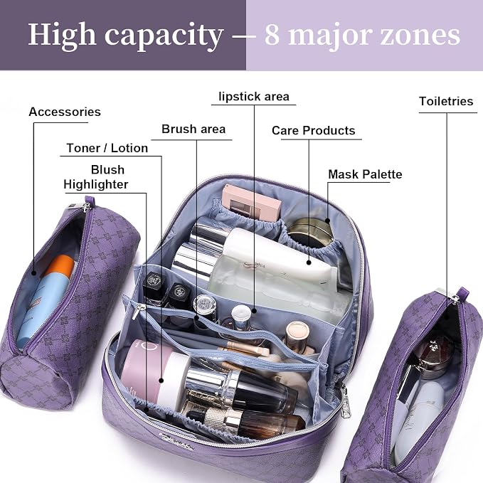 BOYATU Travel Makeup Bag Cosmetic Bags for Women: 3 Pcs Set Large Capacity Make up Bag with Handle - Vegan Leather Toiletry Bags with Compartments - Makeup Organizer for Travel Essentials(A-9-Purple) - Image 5