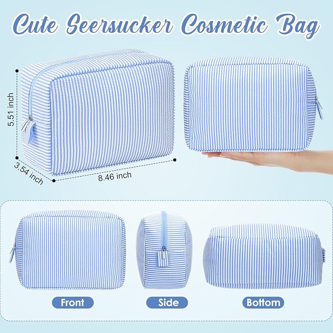 Sanwuta 9 Seersucker Cosmetic Bag Bulk Striped Makeup Bag for Women Aesthetic Cute Travel Toiletry Organizer Preppy Storage Pouch for Wedding Bridesmaid Mother's Day Teacher Gift (Large,Blue) - Image 2