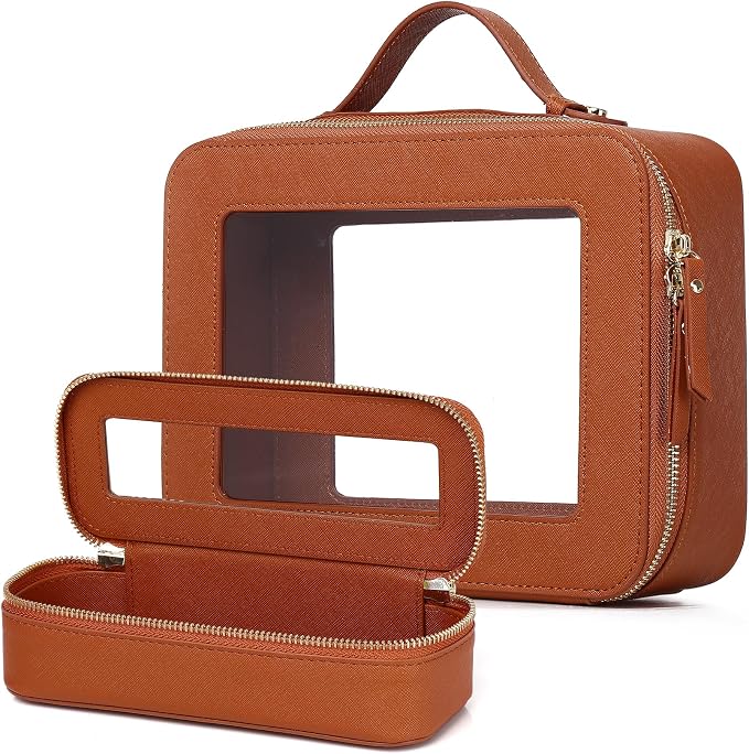 Clear Travel Makeup Bag, Brown, L+Slim | With Brush Bag, Transparent, Waterproof, With Zipper by LOFOWN