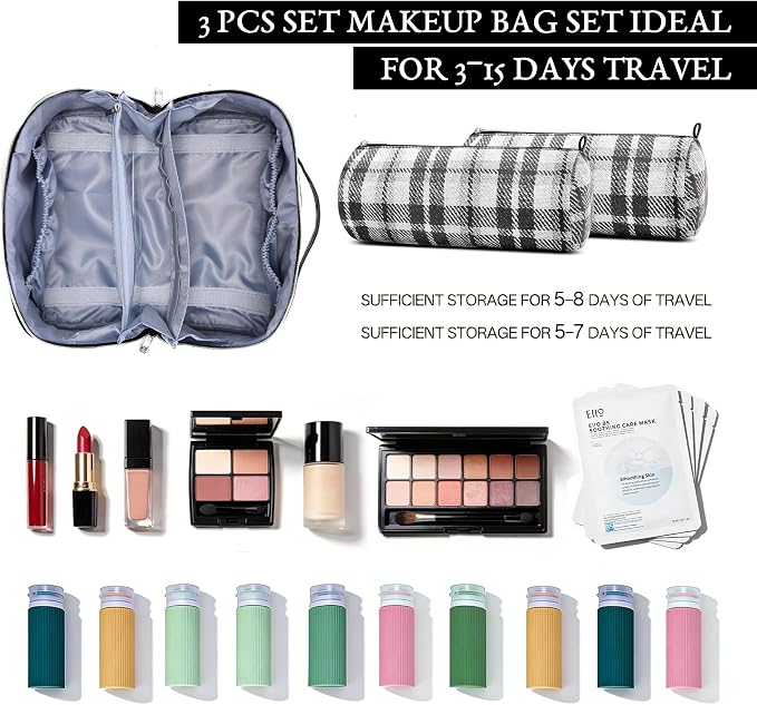BOYATU Travel Makeup Bag for Women: Scottish Plaid 3 Pcs Set Cosmetic Organizer Bag - 180° Open Large Spacious Holds 50% More Cosmetics - Waterproof Leather Checkered Toiletry Bag (01-Black) - Image 4