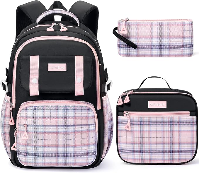 Fimibuke Girls Backpack - 3 PCS Waterproof Teens Girls Backpack Set with Lunch Box, Pencil Pouch, Cute Kids Bookbag for Elementary to High School Students Age 6+ (Black & Pink) by Fimibuke