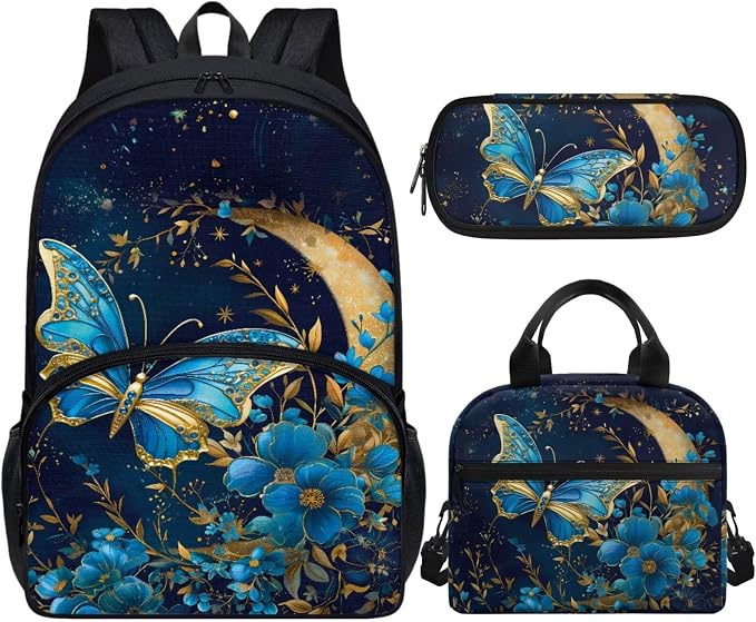 Butterfly Backpack for Girls 3Pcs Kids School Bag Set Floral Bookbag with Lunch Bag and Pencil Box Daypack Elementary Students Knapsack for Teens Girls by Vanideaoty