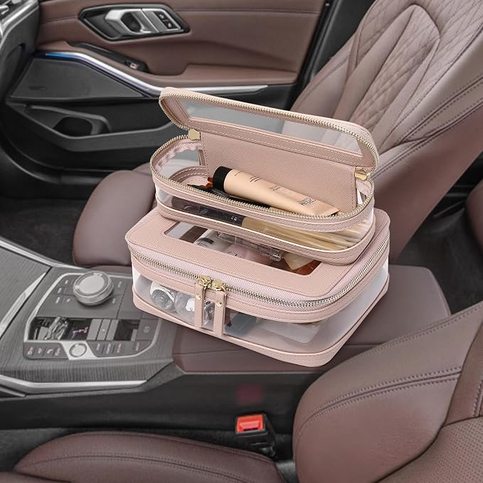 Pinkmik Clear Makeup Bag with Brush Case Travel Toiletry Bag Waterproof Cosmetic Organizer Car Essentials for Women (Pink, M+SLIM-1) - Image 6