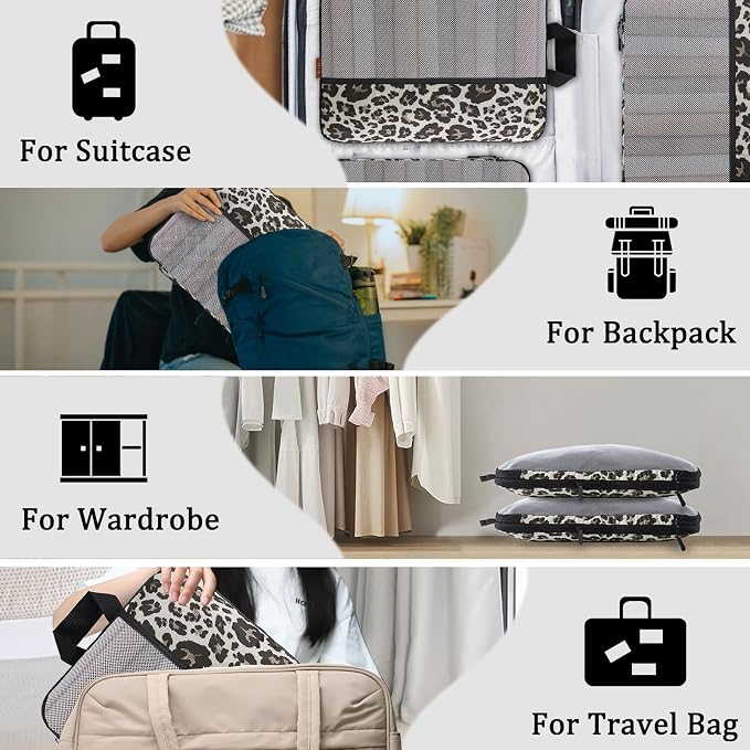 U+U 4 Set Compression Packing Cubes - Ultralight Travel Organizers, Space-Saving Suitcase Organizer, Expandable Packing Organizers for Travel Essentials (Leopard) - Image 8