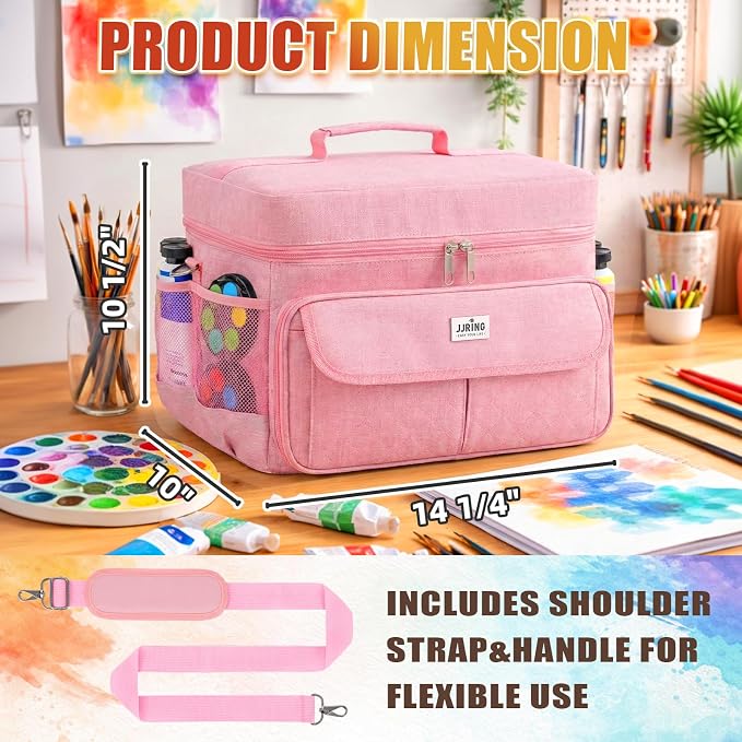 JJRING Acrylic Paint Organizer Bag With Adjustable Dividers, Pink | Versatile Art Supply Storage Case With 12-Slot Brush Holder & Clear Zipper Pocket For Multi-Size Bottles, Travel Tote - Image 2