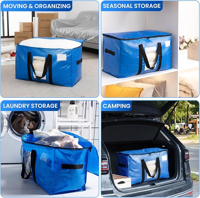 TAILI Extra Large Moving Bags, 4 Pack Blue Heavy Duty Totes For Storage with Visible Window, Wrap Around Handles, Storage Bags for Space Saving, Alternative to Moving Boxes - Image 9