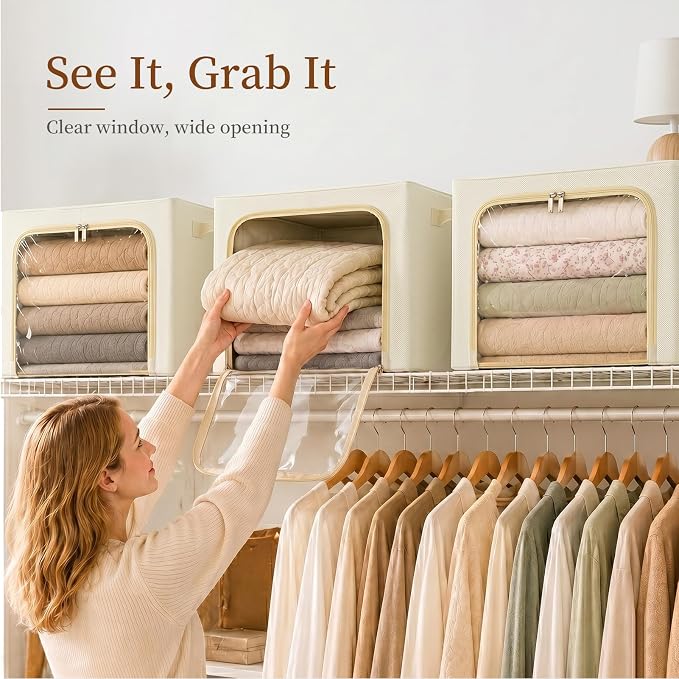 GoMaihe 3 Opening Clothes Storage Bins with Metal Frame, 66L Blanket Storage Organizer for Walk-in Closet Large Storage Boxes with Clear Window for Bedding Winter Clothing 3-Pack Beige - Image 7