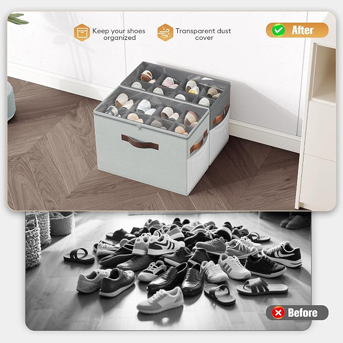 2 Pack Shoe Organizer for Closet, Foldable Shoe Storage with Adjustable | Farbic shoe storage organizer box bin with clear cover, fits up to 16 pairs, shoe storage box for closet, entryway, gray - Image 3