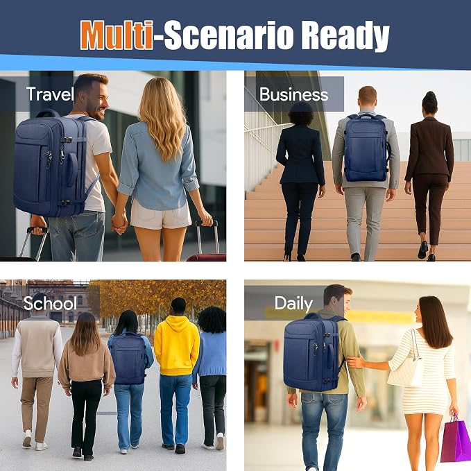 Expandable Carry On Backpack 45L, Large Travel Weekender Bag with Waterproof Wet Pocket, Anti-Theft TSA 17.3 Inch Laptop Rucksack for Men Women Flight Approved Business, Blue - Image 8